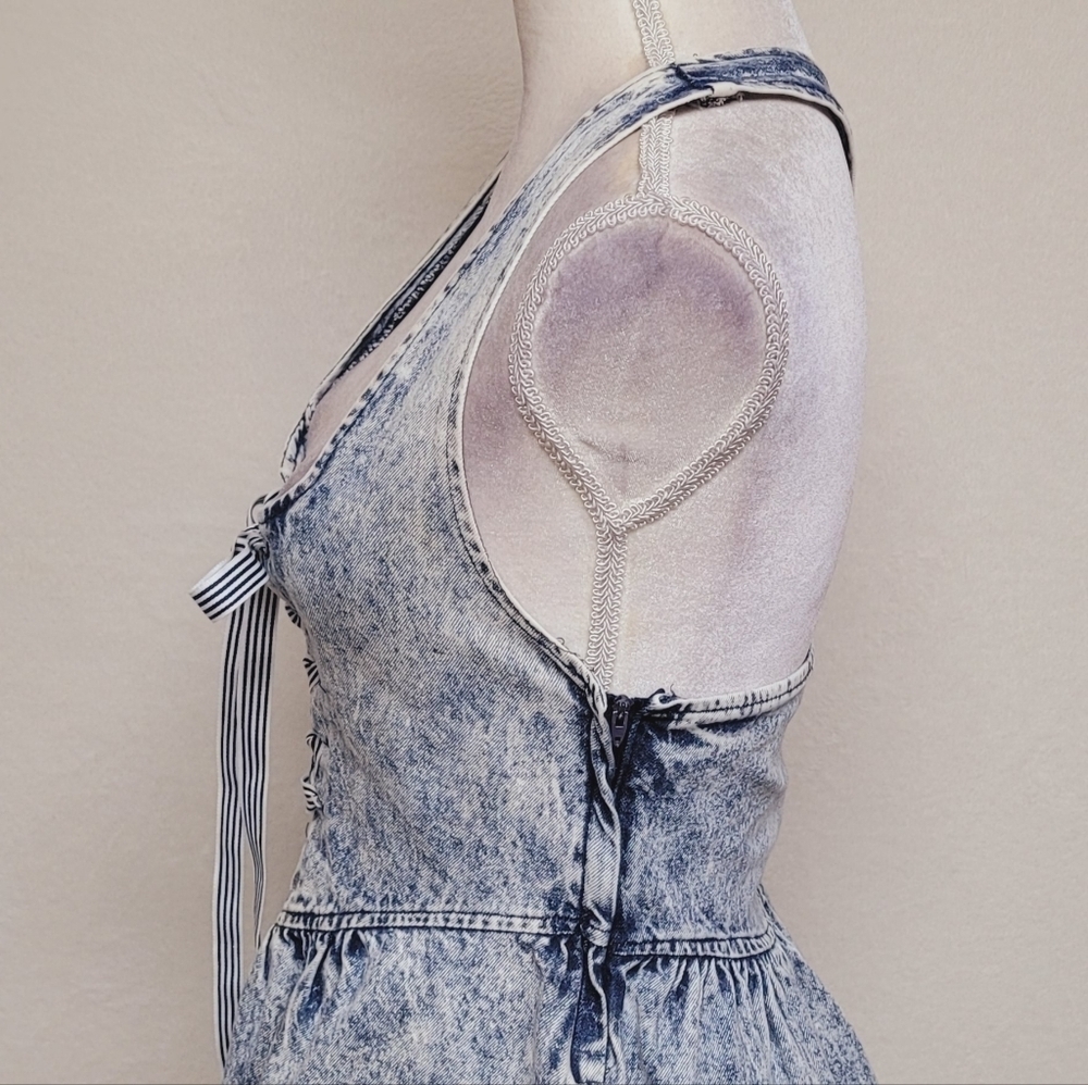 80s Vintage Amy Too Byer California Acid Wash Cotton Lace-up Mini Skater Dress S - Picture 10 of 16